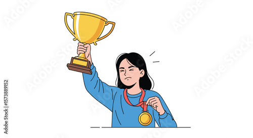Proudly holding up a gold trophy and medal after winning an exciting competition achievement