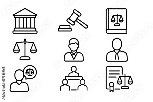 Legal icons set featuring scales of justice, judge, and courthouse with dark background