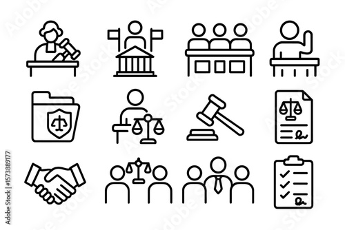 Legal icons set on dark background featuring courtroom symbols and justice scales
