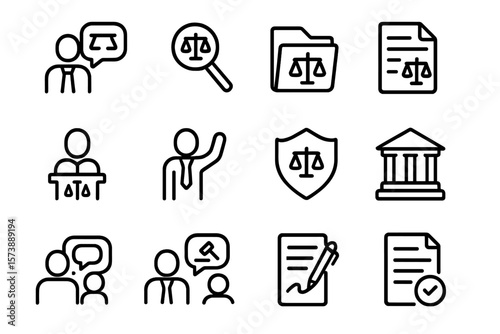 Legal icons set on dark background featuring scales, documents, and court symbols in linear style