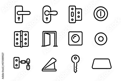 Minimalistic door icons set: handles, keys, locks, hinges, modern line art