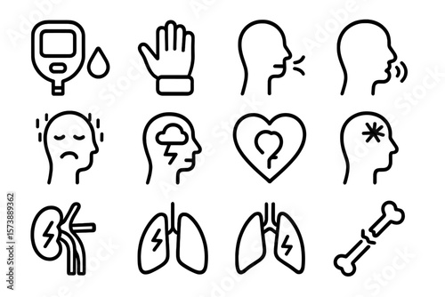 Linear medical icon set: health, wellness, and symptoms in simple outline design