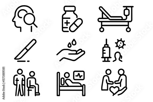 Healthcare icons set: medical equipment, treatment symbols, linear design