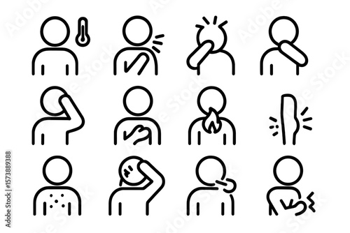 Minimalistic icons depicting common health symptoms in modern line art style
