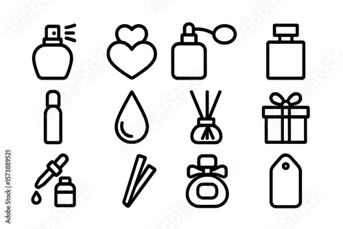 Minimalist perfume and aromatherapy icons for spa and gift packaging