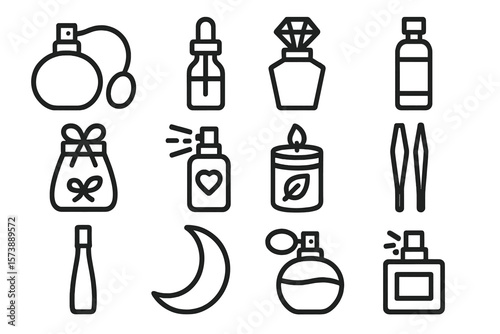 Stylish outline icons of cosmetics and fragrances on dark background