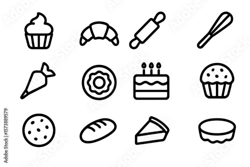 Bakery icon set: outline style with cupcakes, rolling pin, and kitchen utensils