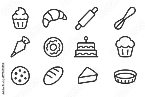 Outline icons of bakery items on dark background