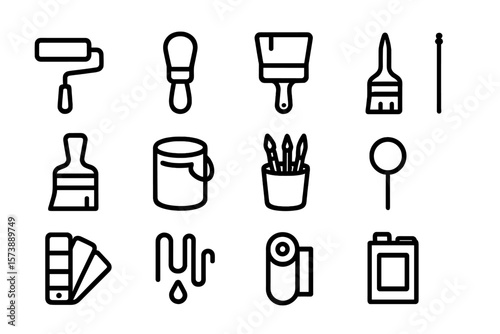 Minimalist black linear icons of painting tools on a shaded background