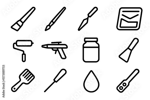 Black linear painting tools icons on dark background for creative projects