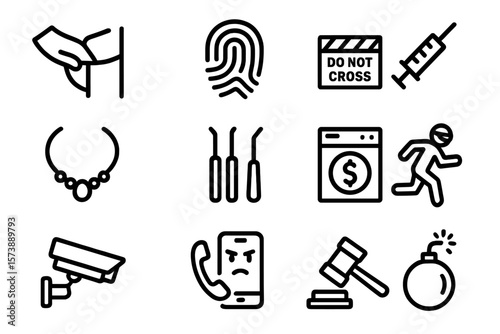 Crime and justice icons: linear style set featuring fingerprint, gavel, security camera
