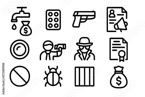 Dark mode crime and security icons: money, fraud, weapons, and more
