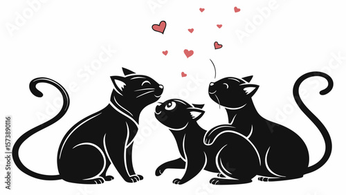 International cat day 8 August 2025 , Group of black cat silhouettes in love and happy mood playing  in white background vector illustration 