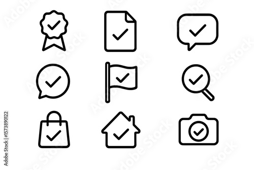 Minimalist black icon set on gray background with check mark symbols