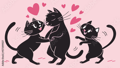 International cat day 8 August 2025 , Group of black cat silhouettes in love and happy mood playing  in pink background vector illustration 