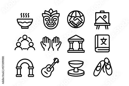Minimalist linear art icon set featuring cultural and artistic symbols