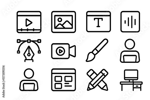 Minimalist media and design icons set for digital content creation