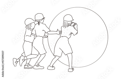 運動会　線画　イラスト　白黒　大玉転がし