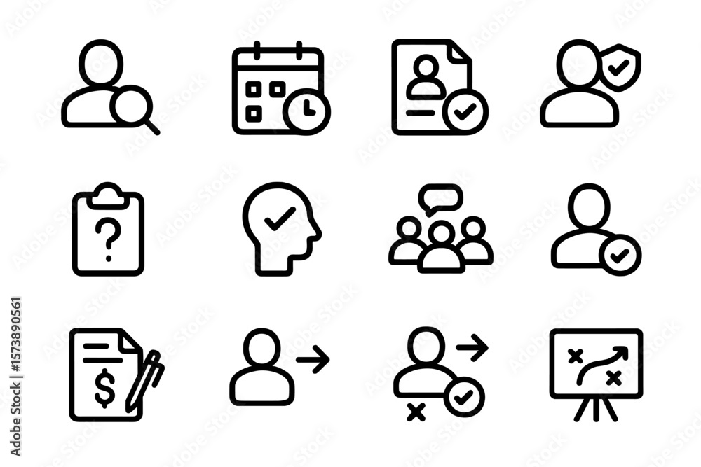Minimalist business icons: calendar, profile, team, strategy in dark theme Minimalist business icons: calendar, profile, team, strategy in dark theme