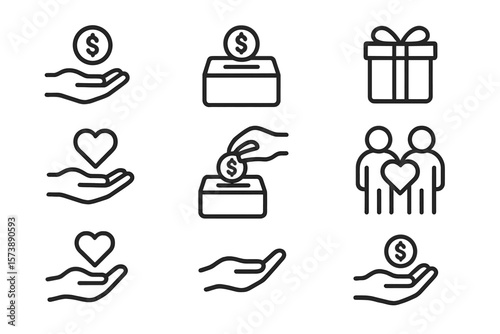 Minimalist charity icons set: hands, hearts, donations, and gifts on gradient background