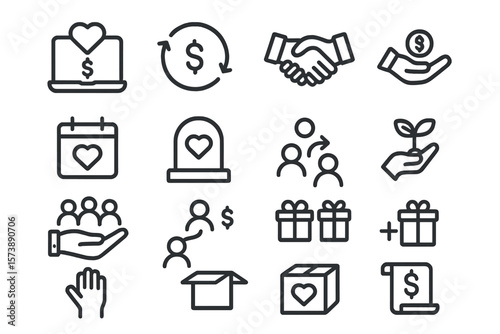 Minimalistic financial icons set: money, business, charity, and giving
