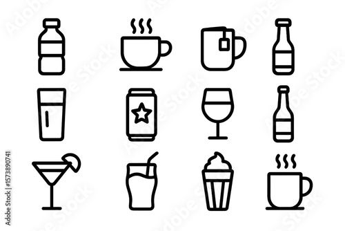 Minimalist beverage icon set: coffee, tea, wine, and more in outline style