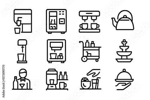 Minimalist beverage icon set featuring coffee machines and drink accessories