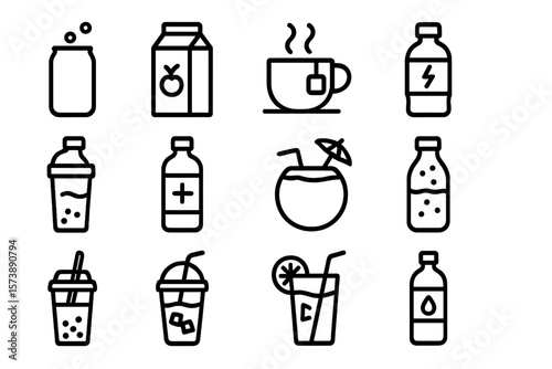 Minimalist beverage icons: coffee, juice, and bottled drinks in black outline style