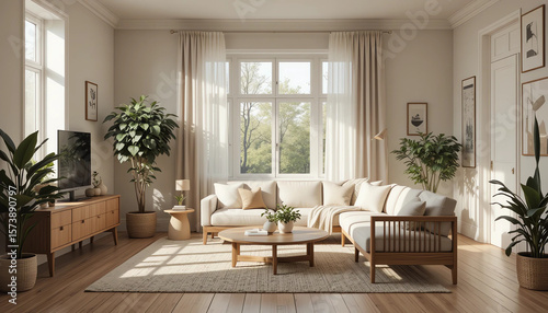 Minimalist Scandinavian living room interior with natural sunlight, neutral tones, wooden furniture, clean lines, and indoor plants — styled for a premium home décor catalog.