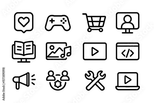 Minimalist black line icons set for digital media and user interface design