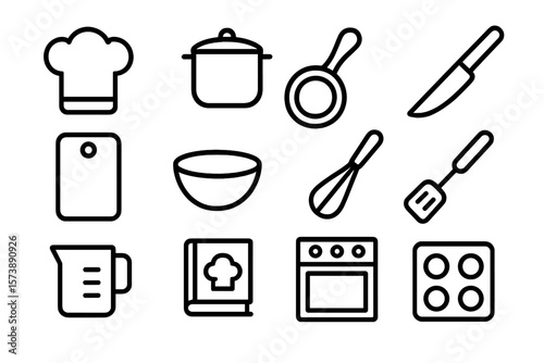 Kitchen tools icons: minimalist black and white set
