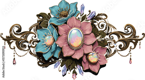Exquisite Fantasy Floral Brooch with Opalescent Gems and Intricate Gold Details, Dark Background