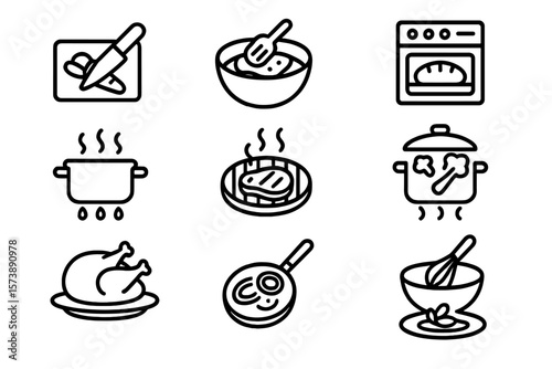 Minimalist kitchen icons set featuring cooking utensils and food preparation elements