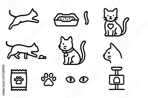 Minimalist cat care icons set: playful and cute line art illustrations for pet lovers