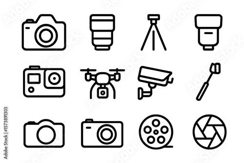Photography equipment icons on dark background: cameras, lenses, drones, and more