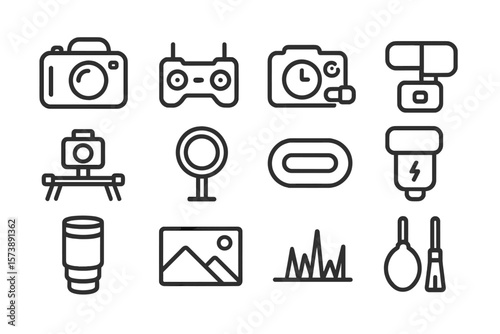 Minimalist line art camera and photography equipment icons set