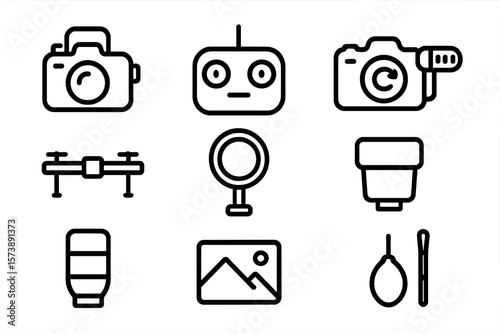 Minimalist black icon set featuring camera equipment and accessories