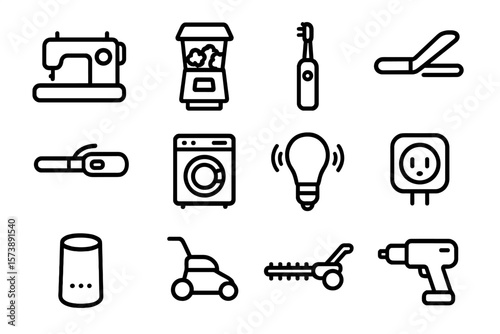 Modern minimalist icon set of household appliances and tools
