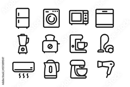 Sleek kitchen appliance icons collection: minimalistic household essentials set