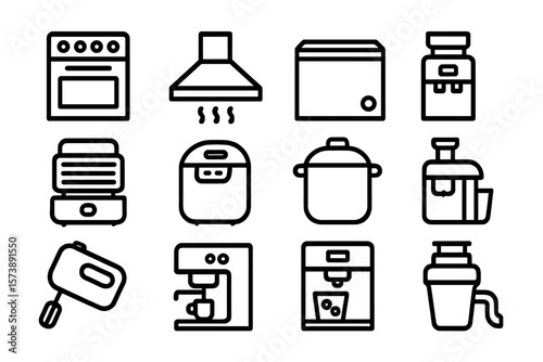 Kitchen appliance icons set: linear black silhouettes on gradient background