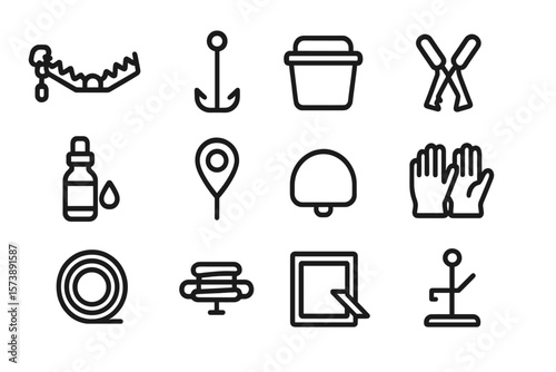 Minimalist linear icons for hunting, fishing, and outdoor activities