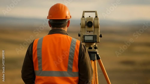 A construction worker wearing a safety helmet and vest operates a surveying instrument, surveying land at sunset, representing precision and planning in civil engineering.