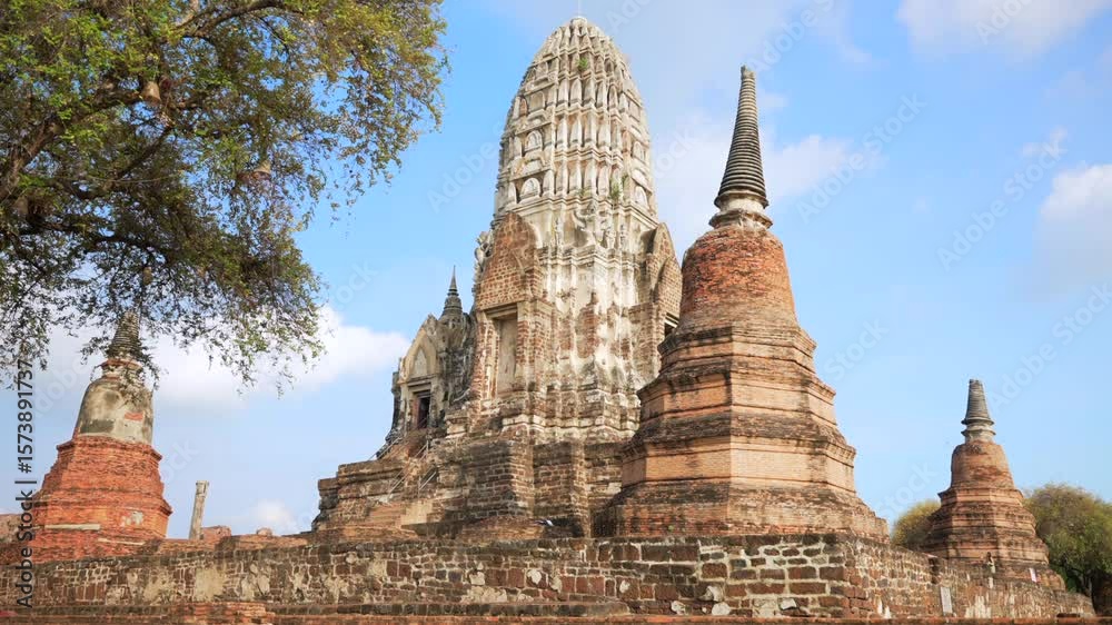 Wide view of Wat Ratchaburana Temple in Ayutthaya with Trees and Multiple Brick Stupas
