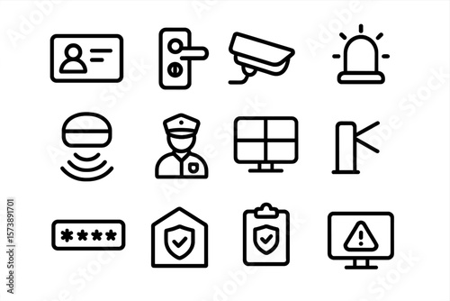 Security icons set: surveillance, access control, alarm, and protection elements