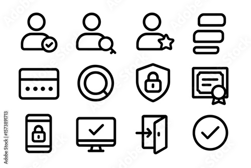 Simplified user interface icons for security and verification on dark background