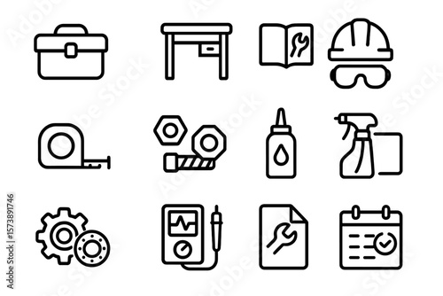 Industrial tools and safety icons set in linear black design on dark gradient background
