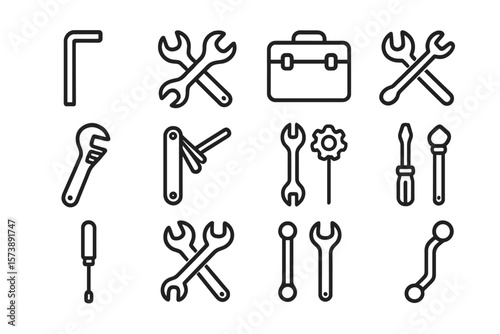 Minimalist black tool icons on dark background for technicians