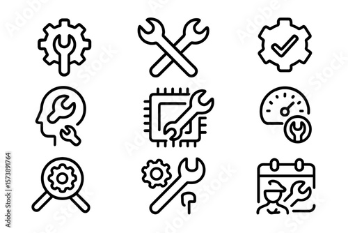 Comprehensive toolkit icon set featuring wrench and gear elements in linear style