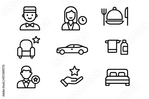 Hotel service icons: concierge, room service, amenities, and more