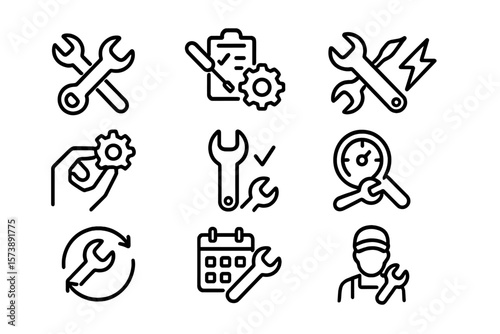 Maintenance icon set: tools and gear symbols for repair and service